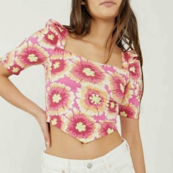 Free People Give Me More Pink Multi Floral Half Sleeve Crop Top Pop Combo Medium - Picture 5 of 14